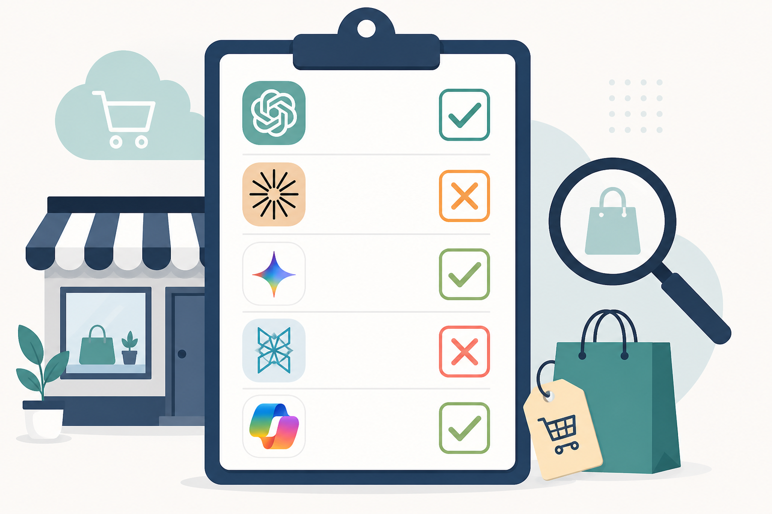 Illustration: A checklist graphic styled like a clipboard with five checkboxes representing ChatGPT, Claude, Gemini, Perplexity, and Copilot logos or icons, some ticked and some crossed, flat design, professional colour palette. Alt text: Checklist showing example results of an AI visibility audit across five assistants. for Is Your Store Excluded From AI Shopping Shortlists?