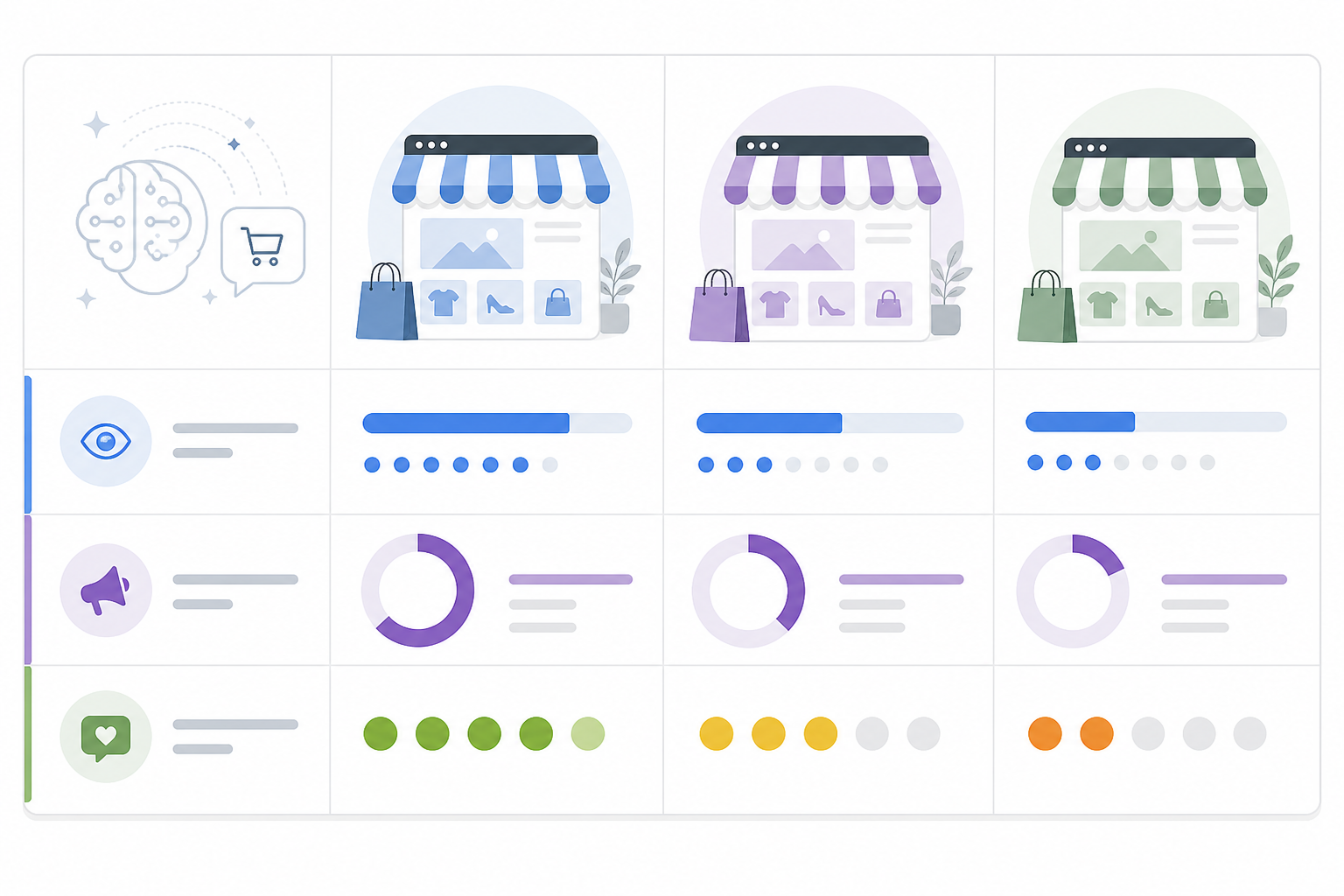 Chart: A comparison table graphic showing three competing e-commerce brands side by side with columns for AI visibility score, share of voice percentage, and sentiment rating, clean editorial chart style with subtle colour coding for Is Your Store Missing From AI Shopping Recommendations?