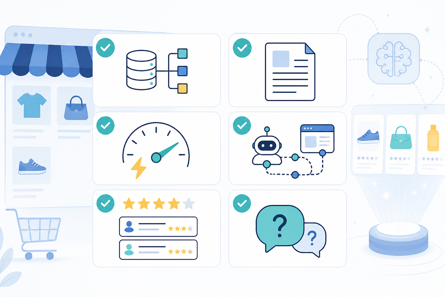 Infographic: A checklist-style infographic showing six AI legibility factors for product pages: structured data, clear descriptions, fast loading, crawlability, third-party reviews, and FAQ content, icon-based minimalist design for Is Your Store Missing From AI Shopping Recommendations?