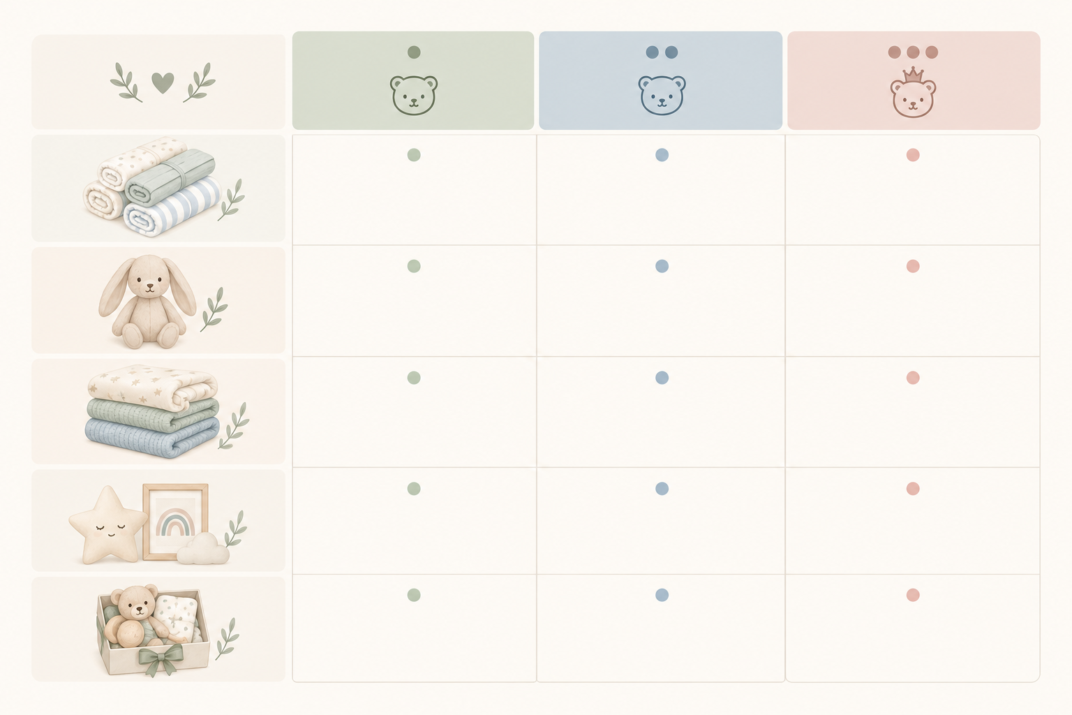 Comparison: Clean comparison table graphic showing three price tiers in rand (keepsakes, mid-range essentials, premium handmade) across product types like muslins, soft toys, blankets, nursery decor and gift sets, pastel palette, easy-to-read layout for Johannesburg's Hidden Gems: Local Baby Stores Worth a Visit