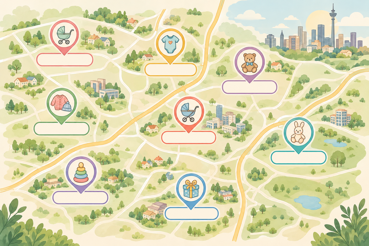 Infographic: Illustrated map-style infographic of Johannesburg showing key neighbourhoods (Melville, Parkhurst, Rosebank, Illovo, Sandton, Bryanston, Fourways, Randburg) with small icons for baby boutiques and a short 'known for' label under each, soft pastel colours, friendly hand-drawn style for Johannesburg's Hidden Gems: Local Baby Stores Worth a Visit