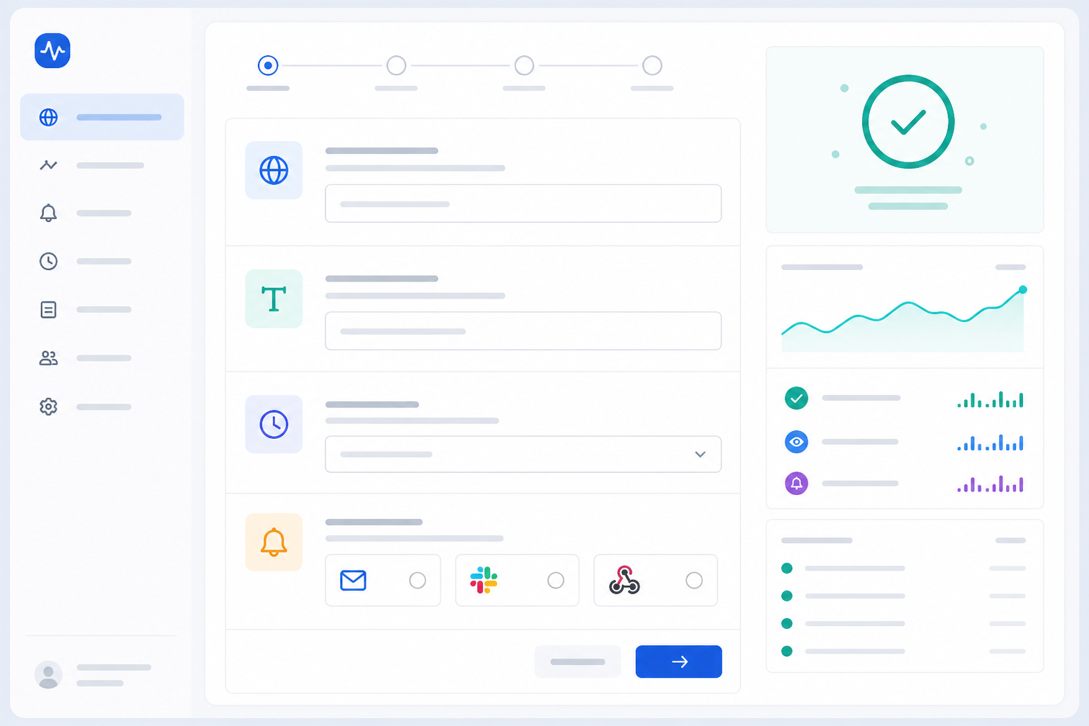 Illustration: A clean screenshot-style mockup of a monitoring dashboard interface showing a keyword monitor setup form, with fields for URL, 'must contain' text input, check frequency, and alert channel selection for Keyword Monitoring: Catching Outages Status Codes Miss