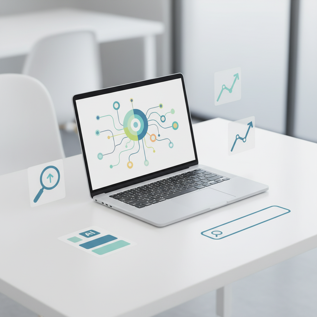 Illustration: A clean, modern workspace showing a laptop with keyword research data on screen, surrounded by simple icons representing SEO concepts like search bars, trending arrows, and content blocks. Use a bright, professional color palette with blues and whites. Style should be minimalist and approachable. for Keyword Research for AI Content: A Practical Guide