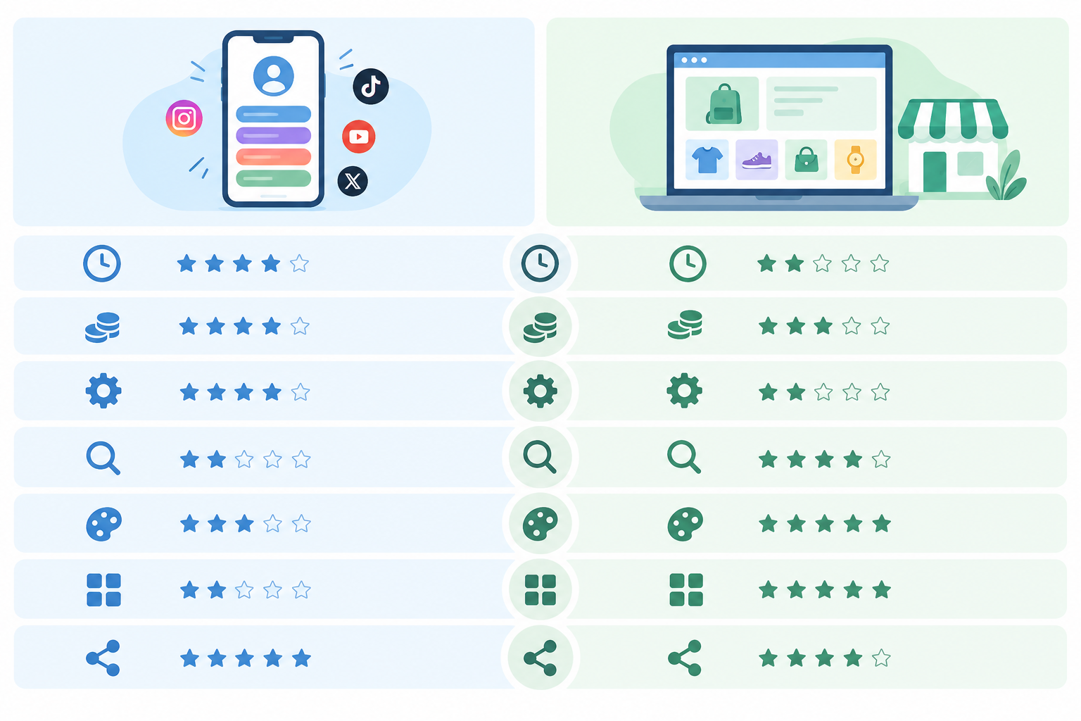 Comparison: Clean two-column comparison table graphic titled 'Link in Bio vs Full Website' with rows for setup time, cost, technical skill, SEO potential, design flexibility, catalogue size and social media fit. Use tick and star icons to show strengths of each option, soft brand colours. for Link in Bio vs Full Website: Which Fits Your Business?
