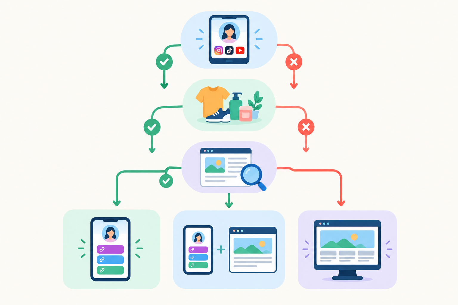 Chart: Friendly flowchart quiz with yes/no questions (Do most customers find you on social? Do you sell fewer than 20 items? Do you need a blog for SEO?) leading to three outcomes: Start simple, Run both, Go full website. Rounded shapes, playful icons. for Link in Bio vs Full Website: Which Fits Your Business?