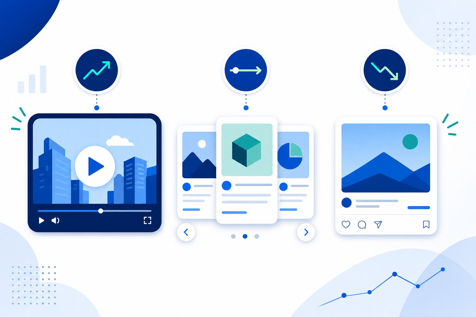 Infographic: An infographic showing three icons representing LinkedIn ad formats—video, carousel, and single-image text ad—with small trend arrows indicating rising or declining usage, flat design style, LinkedIn blue color scheme for LinkedIn Ads Benchmarking: What B2B Competitors Are Testing Now