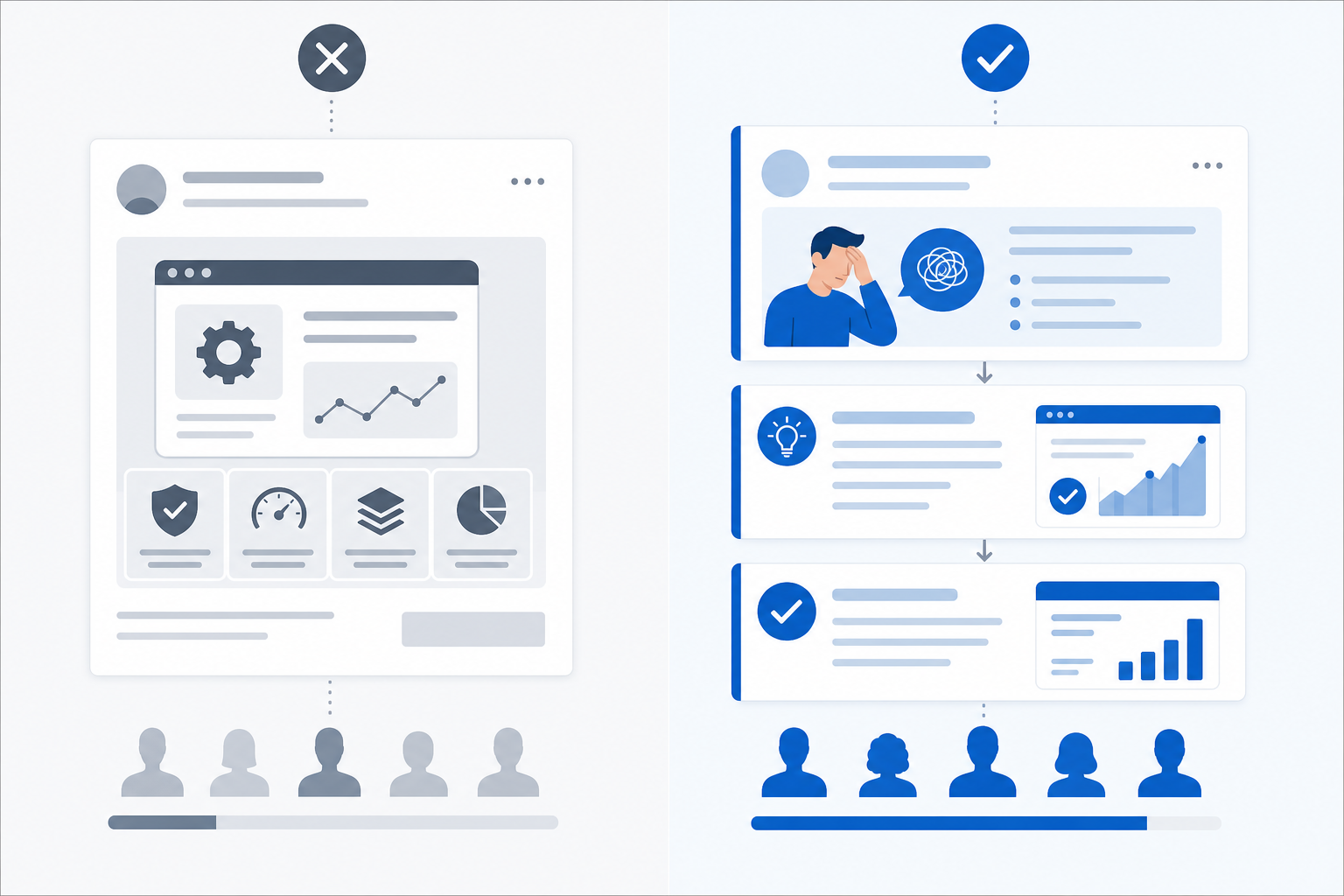 Comparison: A simple side-by-side comparison graphic showing 'old style' feature-first LinkedIn ad copy versus 'new style' pain-point-first copy, minimal clean design with two columns, blue and grey accent colors for LinkedIn Ads Benchmarking: What B2B Competitors Are Testing Now