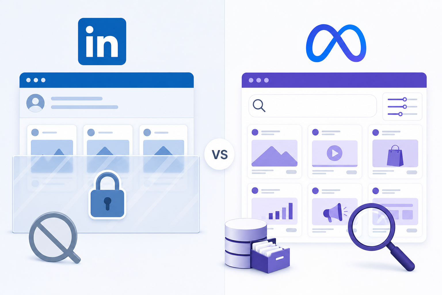 Comparison: A simple side-by-side comparison graphic showing LinkedIn's ad transparency limitations versus Meta's ad library, using icons and minimal text in a flat corporate design style for LinkedIn Ads Benchmarking: What B2B Competitors Test Now