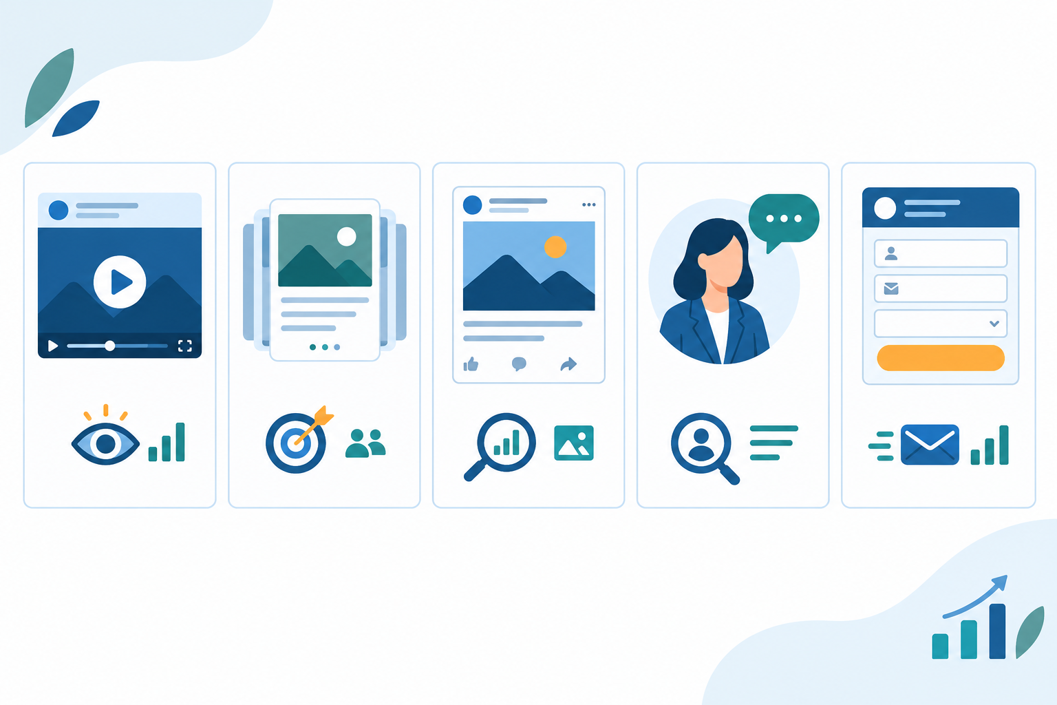 Infographic: An infographic showing five LinkedIn ad formats (video, document/carousel, single image, thought leader post, lead gen form ad) with short descriptors and a 'what to look for in competitor ads' note under each, modern flat style, consistent icon set for LinkedIn Ads Benchmarking: What B2B Rivals Are Testing Now