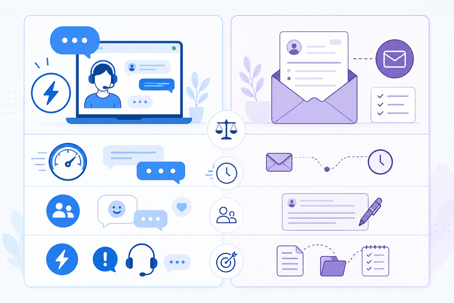 Comparison: A simple two-column comparison table graphic contrasting live chat and email ticketing across response time, tone, and typical use case, clean minimal SaaS style with a light background for Live Chat vs. Email Ticketing: Which Does Your SaaS Need First?
