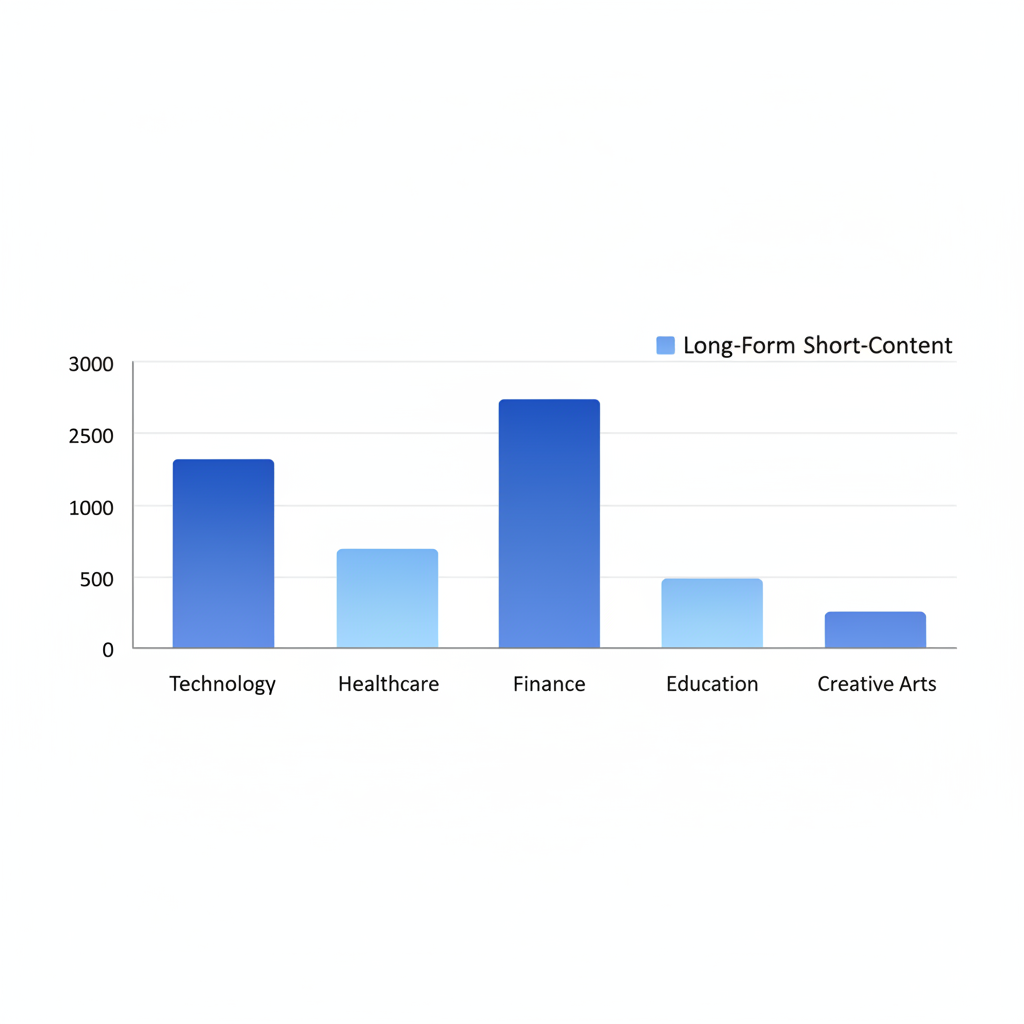 Chart: A simple bar chart comparing average word counts of top 10 Google search results across different industries, showing most results fall between 1400-2500 words, clean minimal design with blue accent colors for Long-Form vs Short-Form Content: What Works Best Now