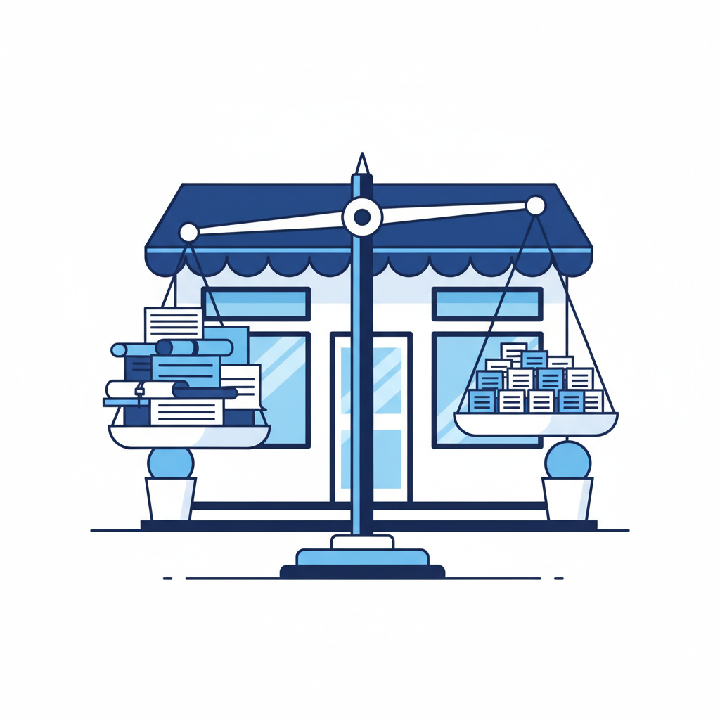 Illustration: A clean modern illustration showing a balance scale with stacked long documents on one side and short note cards on the other, with a small business storefront in the background, using blue and white professional color scheme for Long-Form vs Short-Form Content: What Works Best Now