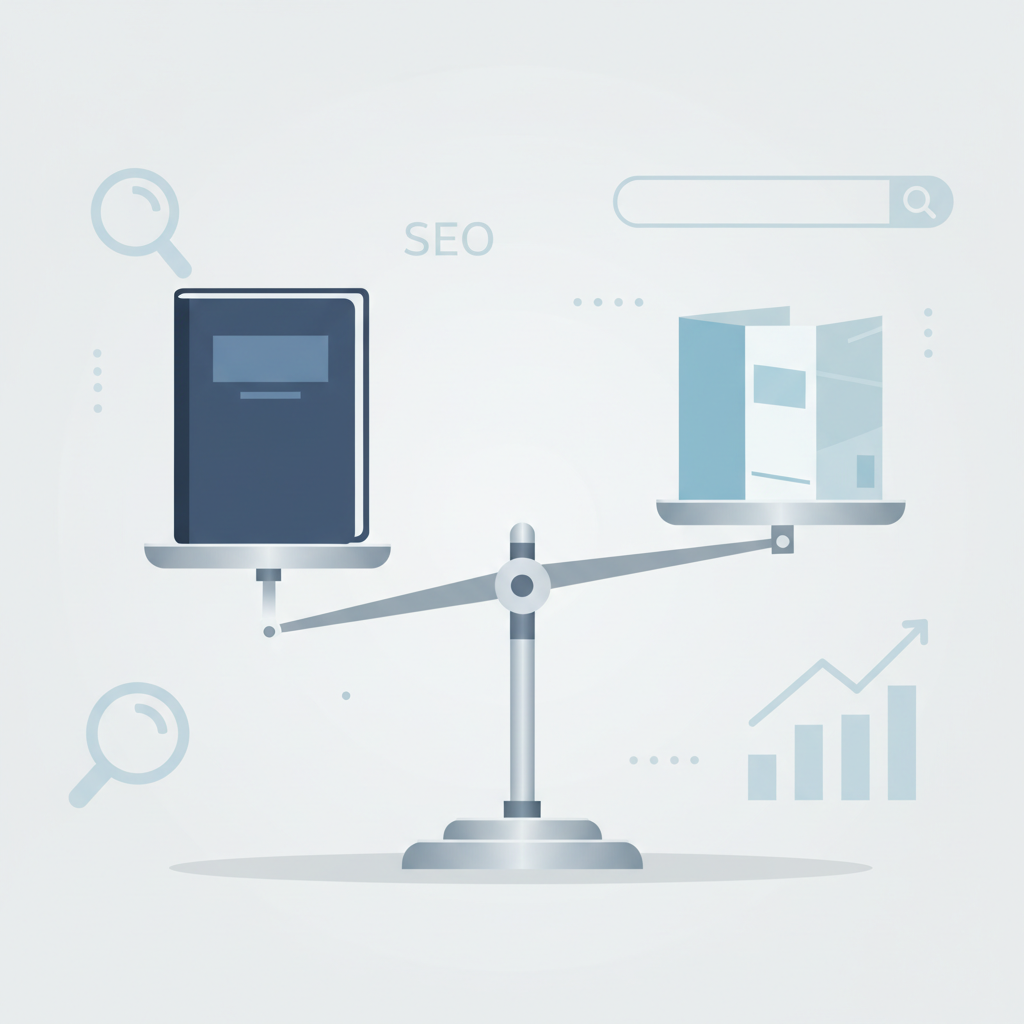 Illustration: A balanced scale with a thick comprehensive guidebook on one side and a concise pamphlet on the other, set against a clean modern background with subtle SEO and search-related icons, professional business style illustration for Long-Form vs Short-Form: What Works for SEO in 2024