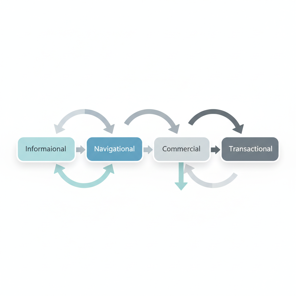 Chart: A simple flowchart diagram showing four types of search intent (informational, navigational, commercial, transactional) with arrows pointing to recommended content approaches for each, clean professional infographic style for Long-Form vs Short-Form: What Works for SEO in 2024