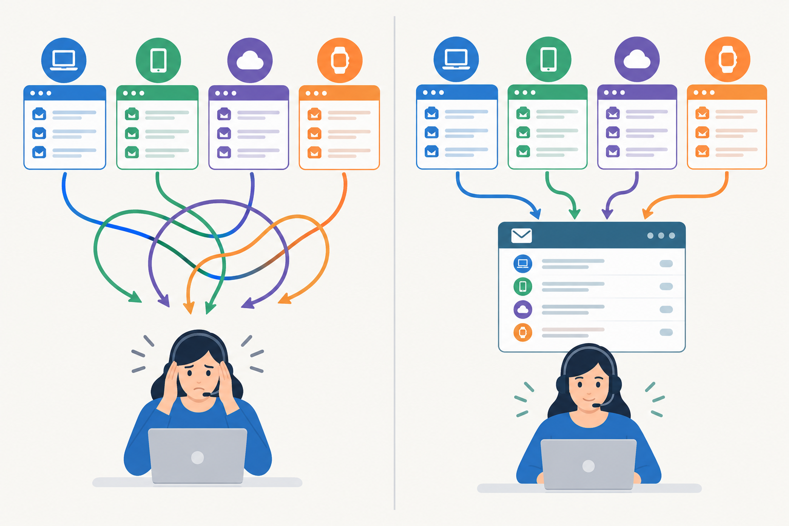 Diagram: Side-by-side diagram contrasting 'before' (an agent surrounded by four separate inbox windows for different brands, with tangled arrows) and 'after' (all brands feeding into one shared inbox with clear product labels), clean flat style with minimal text labels for Managing Customer Support Across Multiple Products at Once