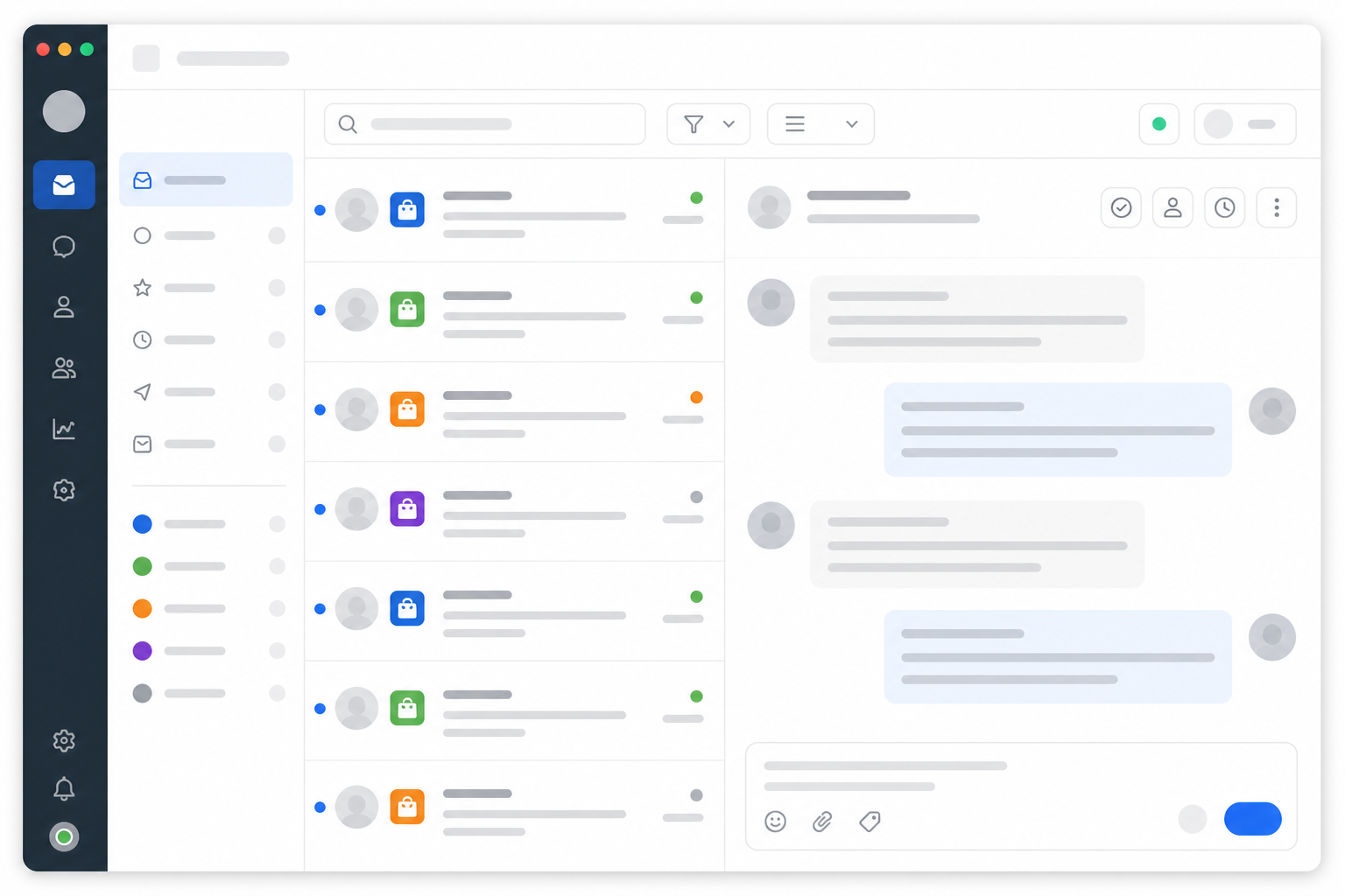 Illustration: style mockup of a shared inbox interface showing color-coded tags for different brand names on a list of customer conversations for Managing Multiple Storefronts in One Support Inbox