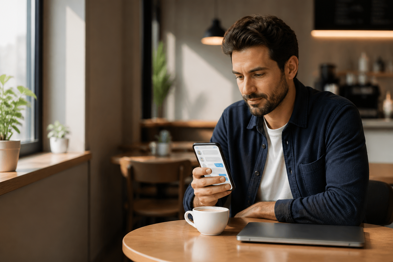 Illustration: Founder sitting in a coffee shop, laptop closed, checking a live chat notification on their phone, warm natural lighting, candid style for Managing Support Tickets on the Go With Mobile Apps