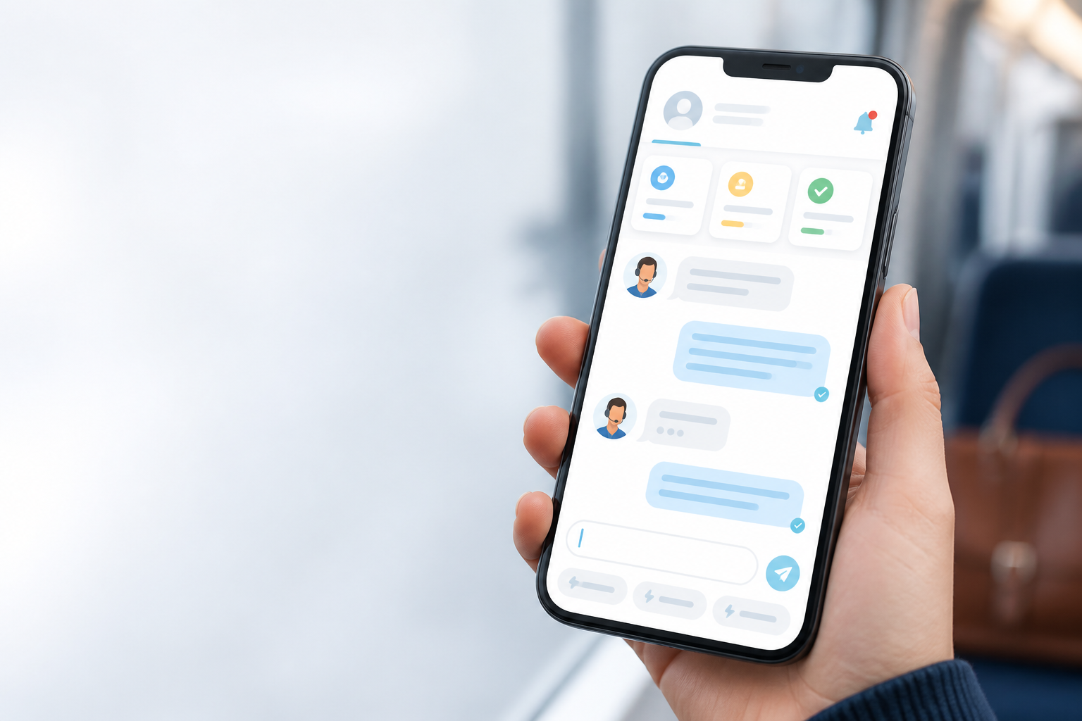Illustration: Close-up of a smartphone screen showing a live chat widget conversation interface with a quick reply being typed, clean modern UI design for Managing Support Tickets on the Go With Mobile Apps