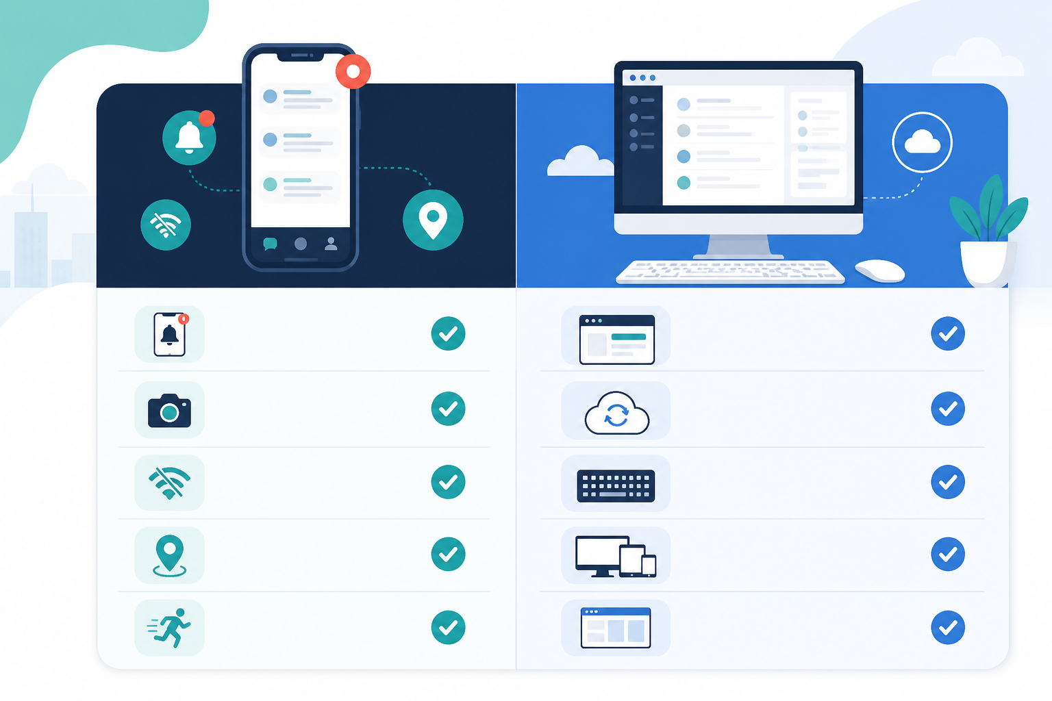 Comparison: Simple side-by-side comparison table graphic showing native app features versus browser access features for customer support software, minimal flat design with checkmarks for Managing Support Tickets on the Go With Mobile Apps