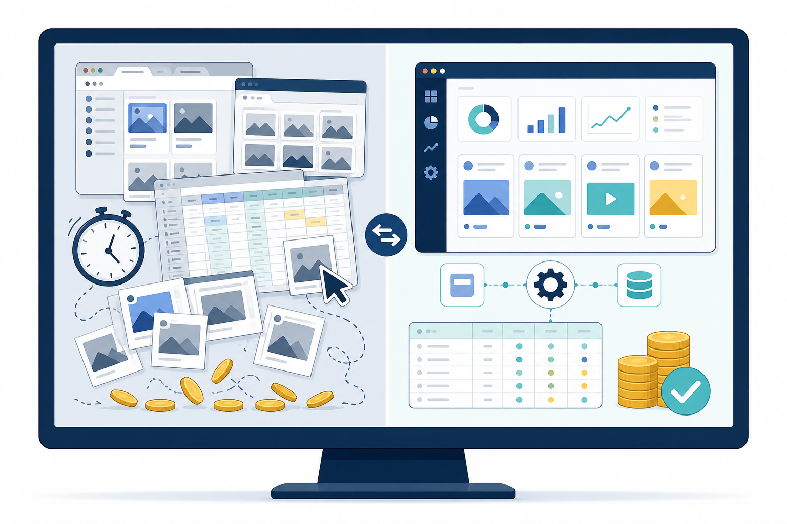 Illustration: A cluttered desktop screen showing multiple browser tabs open to Meta Ad Library, Google Ads Transparency Center, TikTok Creative Center, and LinkedIn, with a messy spreadsheet in the background, flat illustration style for Manual Screenshotting vs Automated Ad Tracking: A Cost Breakdown