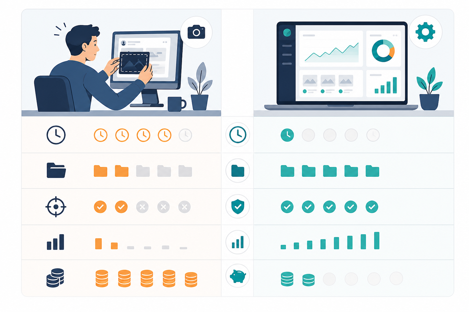 Comparison: A comparison table graphic contrasting manual ad tracking versus automated ad tracking across time cost, coverage, consistency, insight depth, and monthly cost in GBP for Manual Screenshotting vs Automated Ad Tracking: A Cost Breakdown