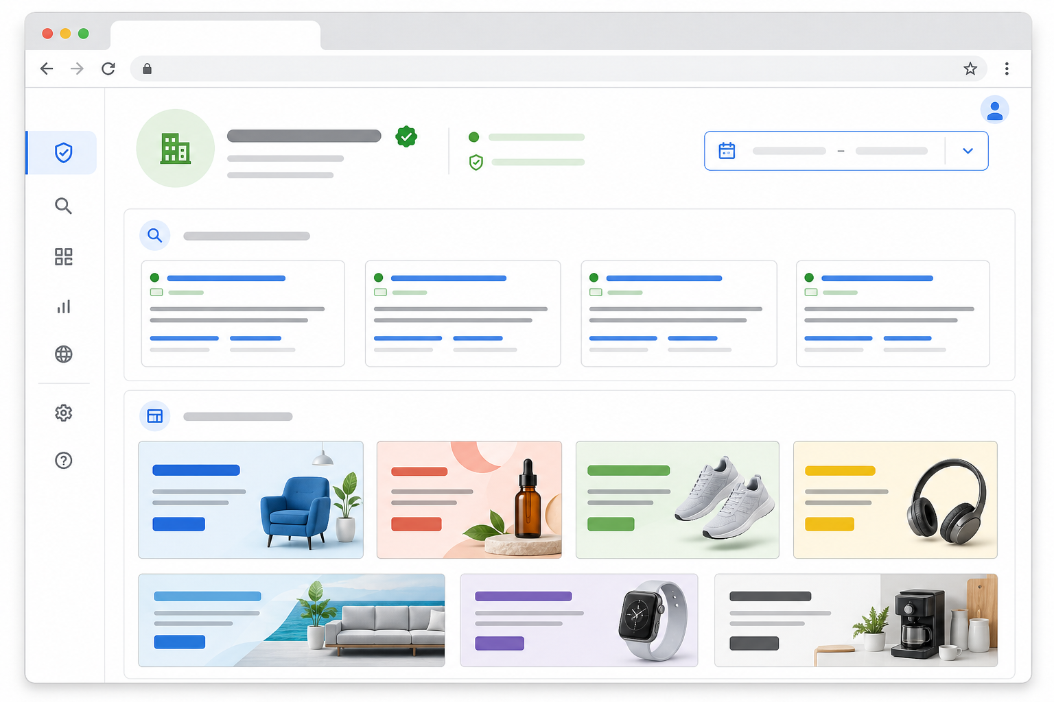 Illustration: style mockup of Google Ads Transparency Center showing an advertiser's verified ads across Search and Display formats with date filters visible for Meta Ad Library vs. Google Ads Transparency Center Compared