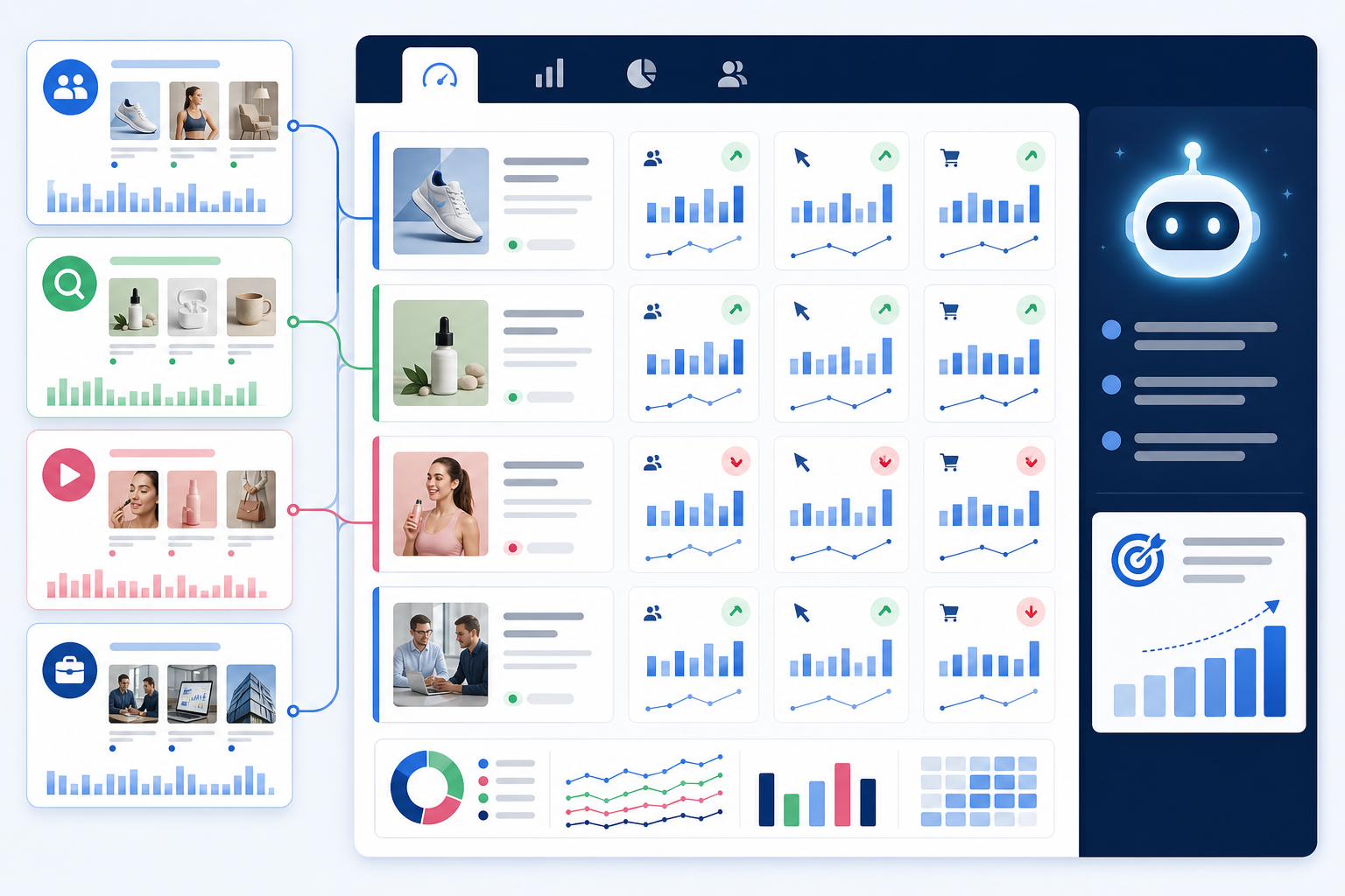 Illustration: A modern dashboard interface mockup showing competitor ads from Meta, Google, TikTok, and LinkedIn in one unified view, with week-over-week change indicators and an AI-generated insight panel for Meta Ad Library vs. Google Ads Transparency Center Compared