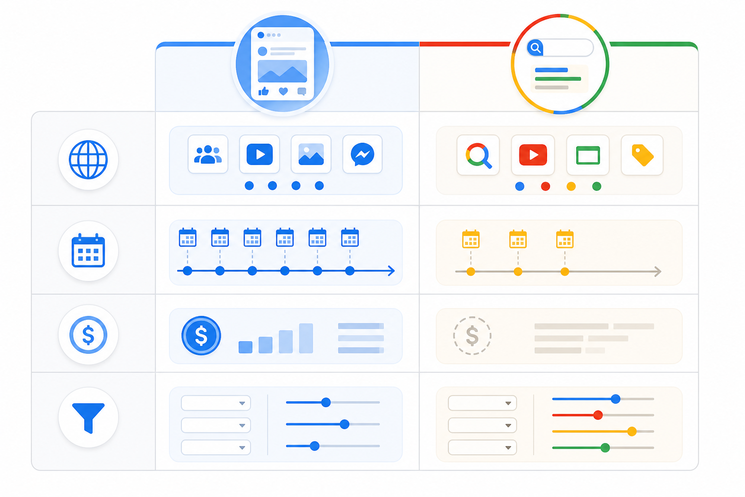 Comparison: A clean comparison table graphic contrasting Meta Ad Library and Google Ads Transparency Center across categories like platforms covered, historical depth, spend transparency, and search filters for Meta Ad Library vs. Google Ads Transparency Center Compared