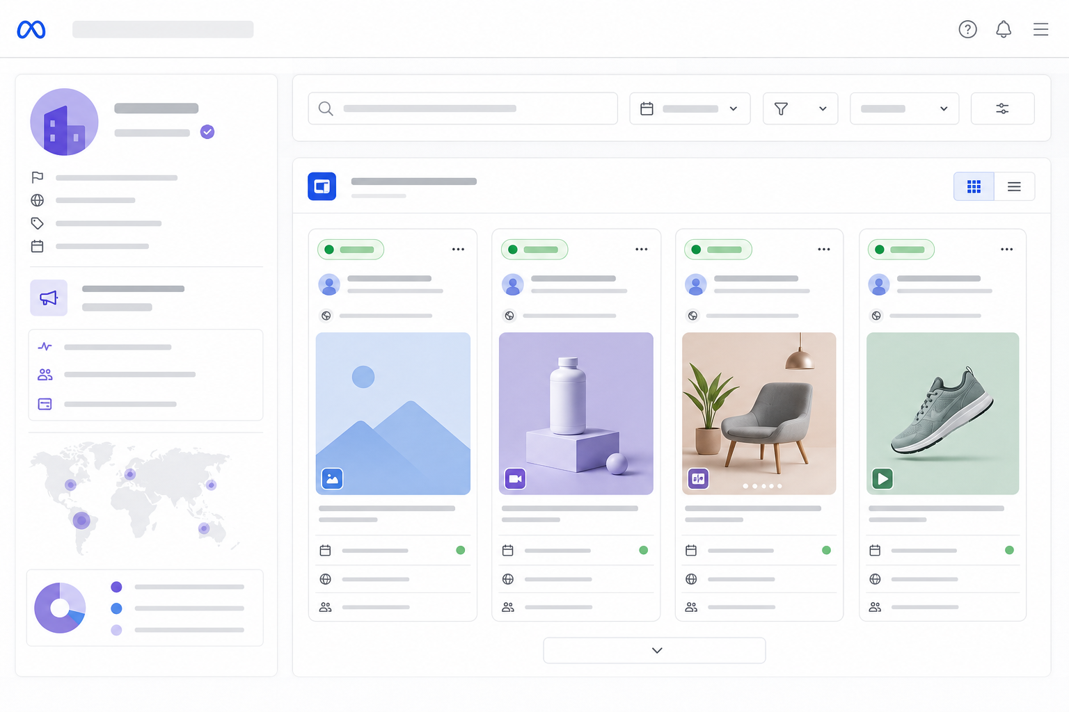 Illustration: style mockup of Meta Ad Library search results showing an advertiser page with active ad creatives, start dates, and page details, clean UI illustration for Meta Ad Library vs. Google Ads Transparency Center Compared