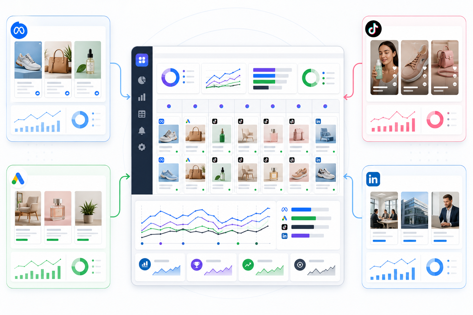 Infographic: A dashboard-style infographic showing a unified view of competitor ads pulled from Meta, Google, TikTok, and LinkedIn logos feeding into one central weekly digest interface, illustrating the concept of consolidated ad intelligence for Meta Ad Library vs. Google Ads Transparency Center Explained