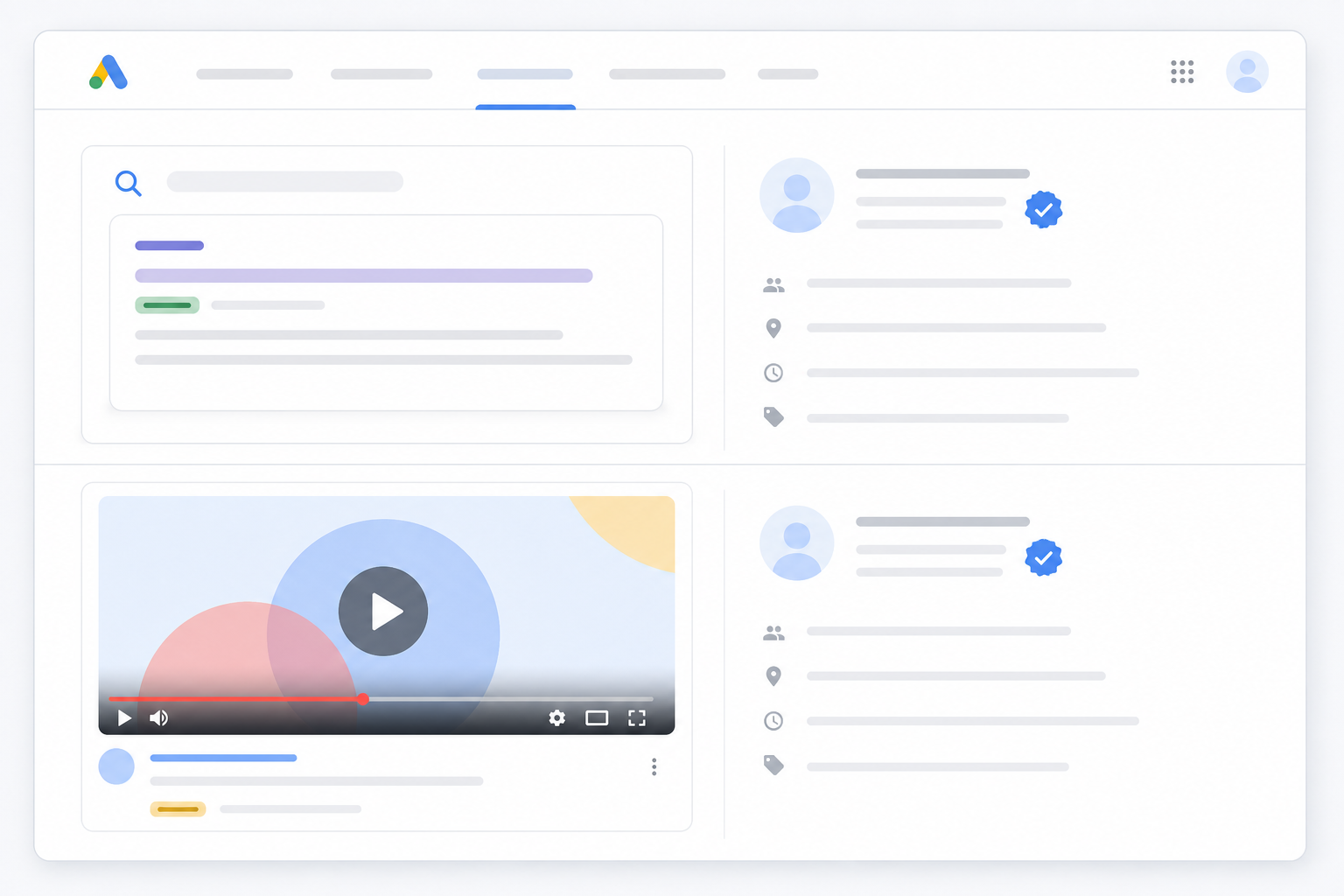 Illustration: style mockup of Google Ads Transparency Center showing a Search ad result with limited headline text and a YouTube ad thumbnail, with advertiser verification badge visible for Meta Ad Library vs. Google Ads Transparency Center Explained