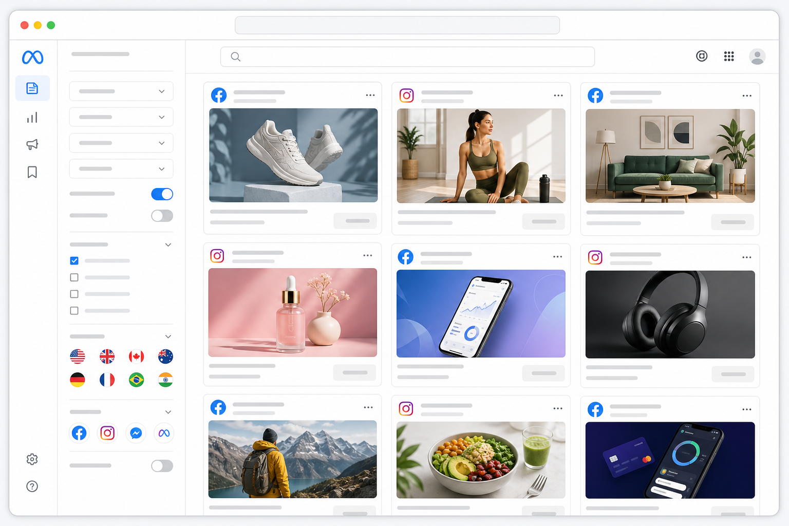Illustration: style mockup of Meta Ad Library interface showing a grid of sample Facebook/Instagram ad creatives with filters for country and platform visible on the side for Meta Ad Library vs. Google Ads Transparency Center Explained