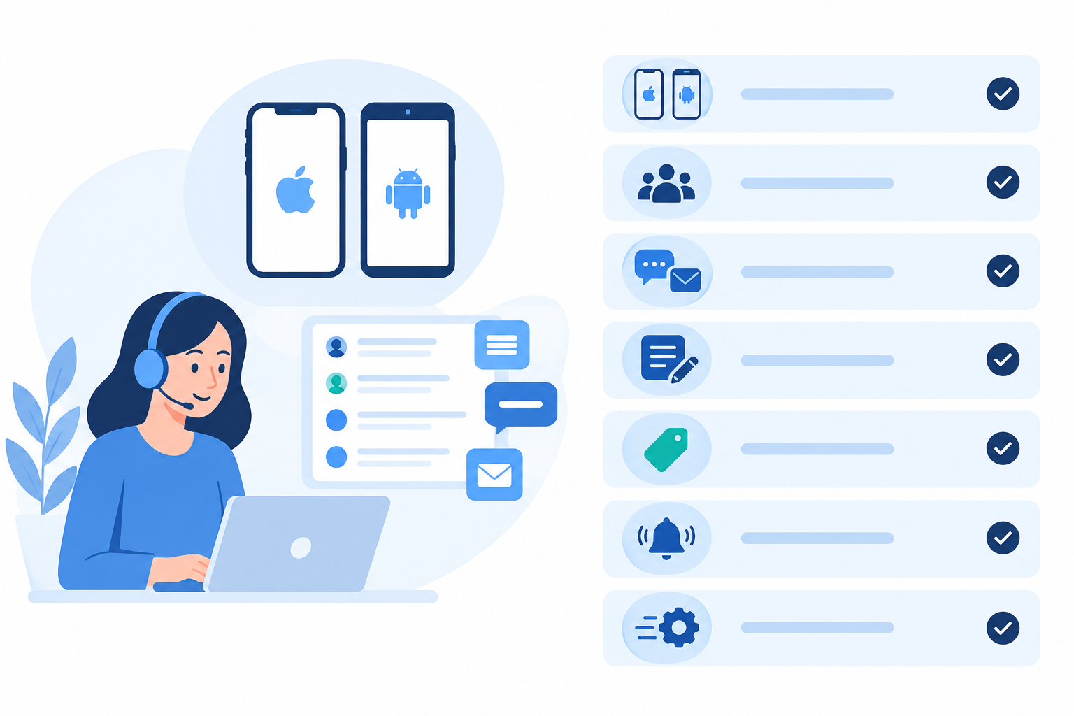 Infographic: Clean infographic checklist of key mobile support app features: native iPhone and Android apps, real-time shared inbox, live chat and email in one place, internal notes, tagging, notification controls, fast setup. Simple icons, flat design, soft blue palette for Mobile Support Apps: Managing Conversations On the Go