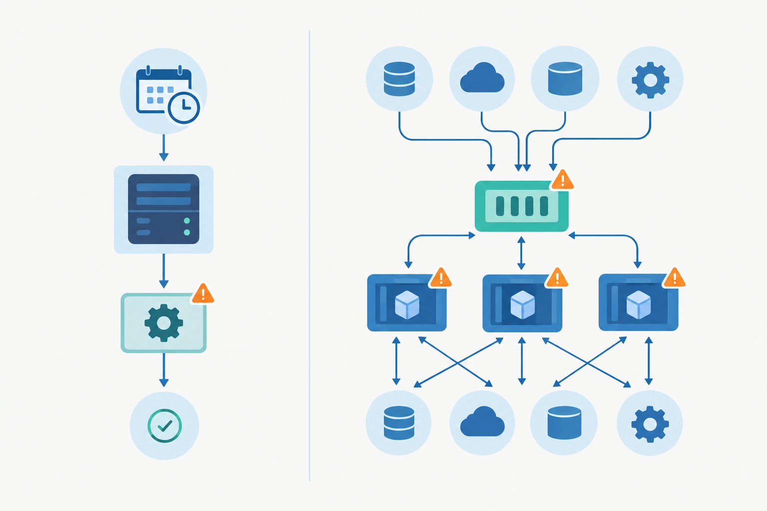 Diagram: Side-by-side diagram comparing a single cron job on one server with a fleet of workers across multiple containers and services, highlighting silent failure points with warning markers for Monitoring Background Workers in Distributed Systems