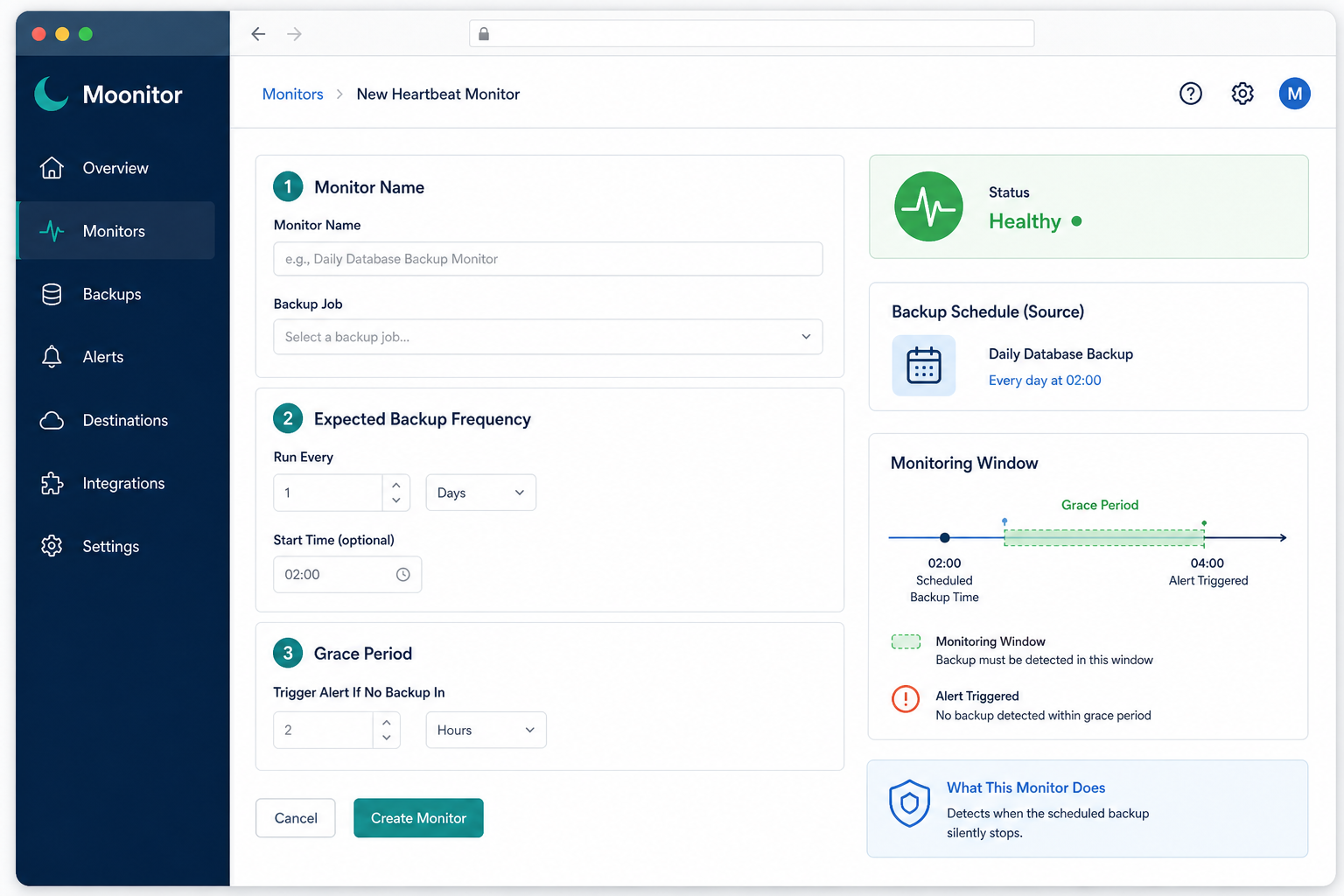 Illustration: A screenshot-style mockup of the Moonitor dashboard showing a heartbeat monitor setup screen for a backup job, with fields for monitor name, expected frequency, and grace period clearly visible for Monitoring Scheduled Backups Before They Silently Fail