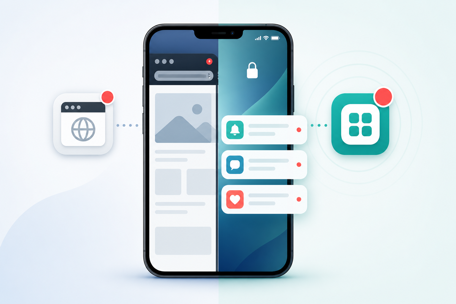 Infographic: A simple infographic comparing browser tab notifications versus native app push notifications on a smartphone lock screen, minimal flat design with icons for Native Apps vs. Browser-Only: Why Mobile Support Matters