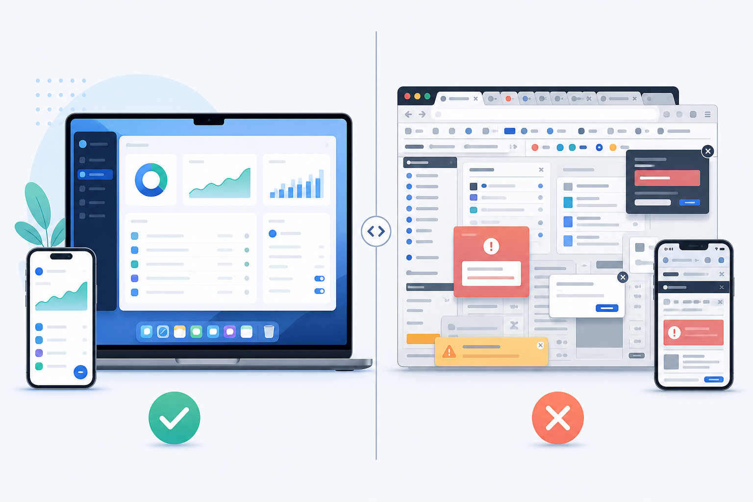Comparison: A side-by-side comparison table graphic showing a Mac desktop app window versus a cluttered browser with multiple tabs open, clean SaaS-style illustration for Native Apps vs. Browser-Only: Why Mobile Support Matters