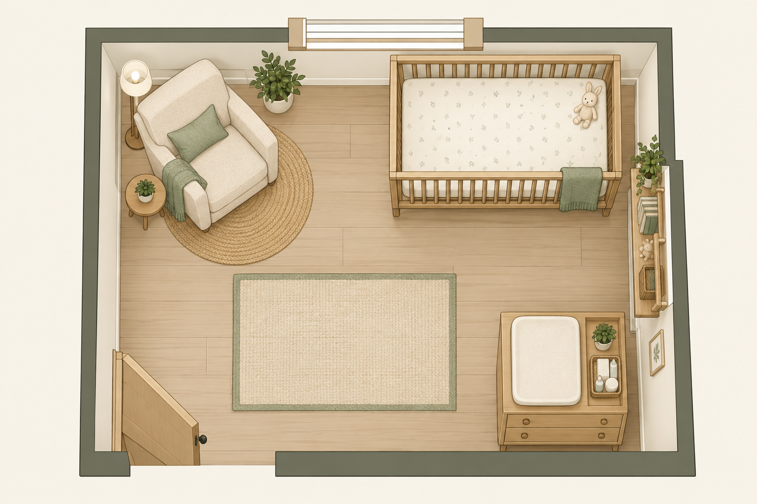 Diagram: Simple floor-plan diagram of a small nursery corner showing cot, wall-anchored shelving, dresser-changer and a nursing chair with a clear walkway, top-down view in a warm minimalist style for Nursery Essentials: A Safe, Stylish Space on Any Budget