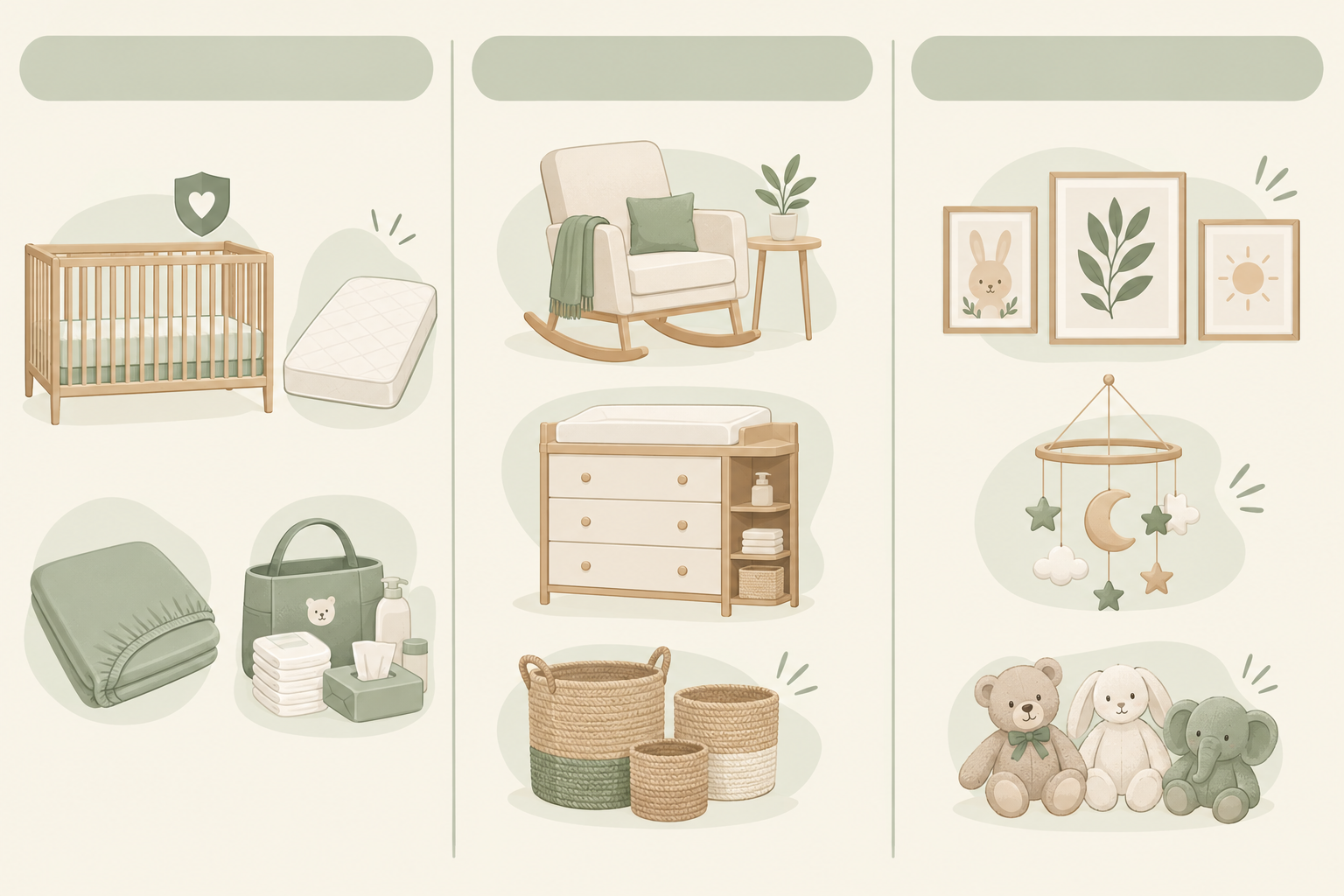 Infographic: Clean three-column infographic titled 'Need Now, Nice to Have, Can Wait' listing nursery items with simple line icons in a soft sage and cream palette for Nursery Essentials: A Safe, Stylish Space on Any Budget