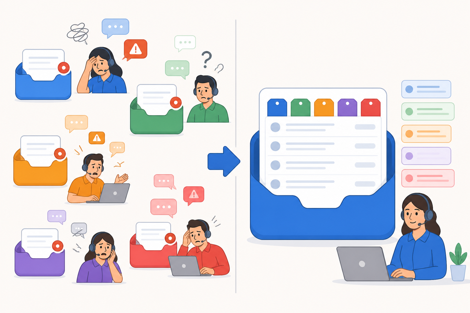 Diagram: Simple before-and-after diagram: left side shows five separate scattered inbox icons labeled with different brand colors and support agents looking overwhelmed; right side shows one unified inbox icon with the same brands neatly organized as tags inside it for One Inbox, Several Storefronts: The Multi-Brand Playbook