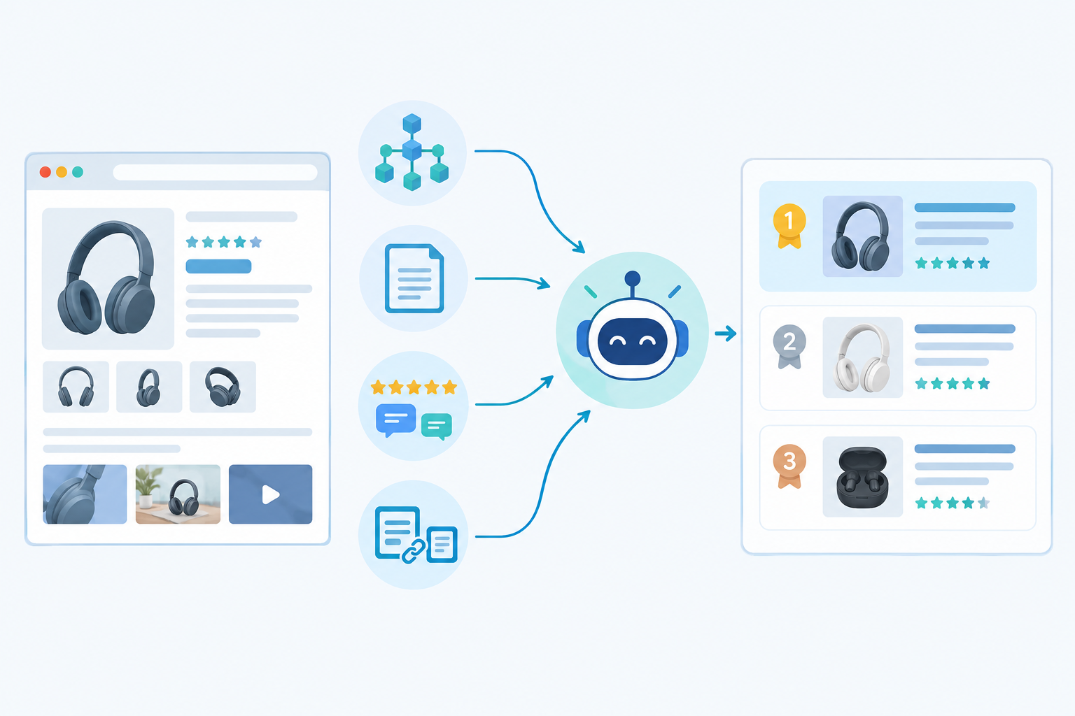 Diagram: Diagram showing a product page on the left feeding four signals (structured data, descriptive copy, reviews, third-party mentions) into an AI assistant icon that outputs a ranked shortlist of three products, clean labelled flow for Optimizing Product Pages So AI Assistants Recommend Them