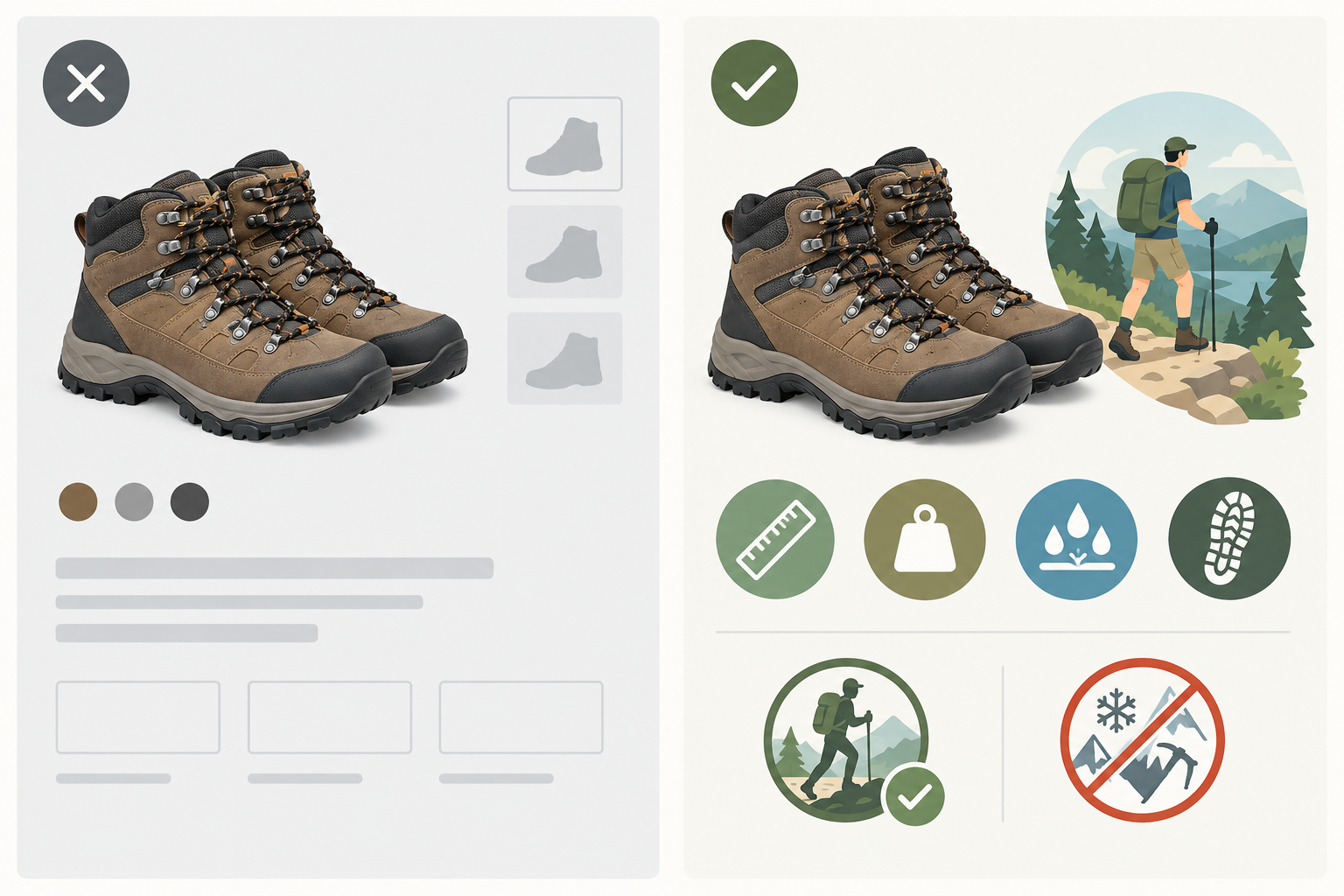 Infographic: Side-by-side infographic comparing a vague product description with a specific, AI-friendly rewrite for the same pair of walking boots, highlighting measurable attributes, audience and limitations for Optimizing Product Pages So AI Assistants Recommend Them