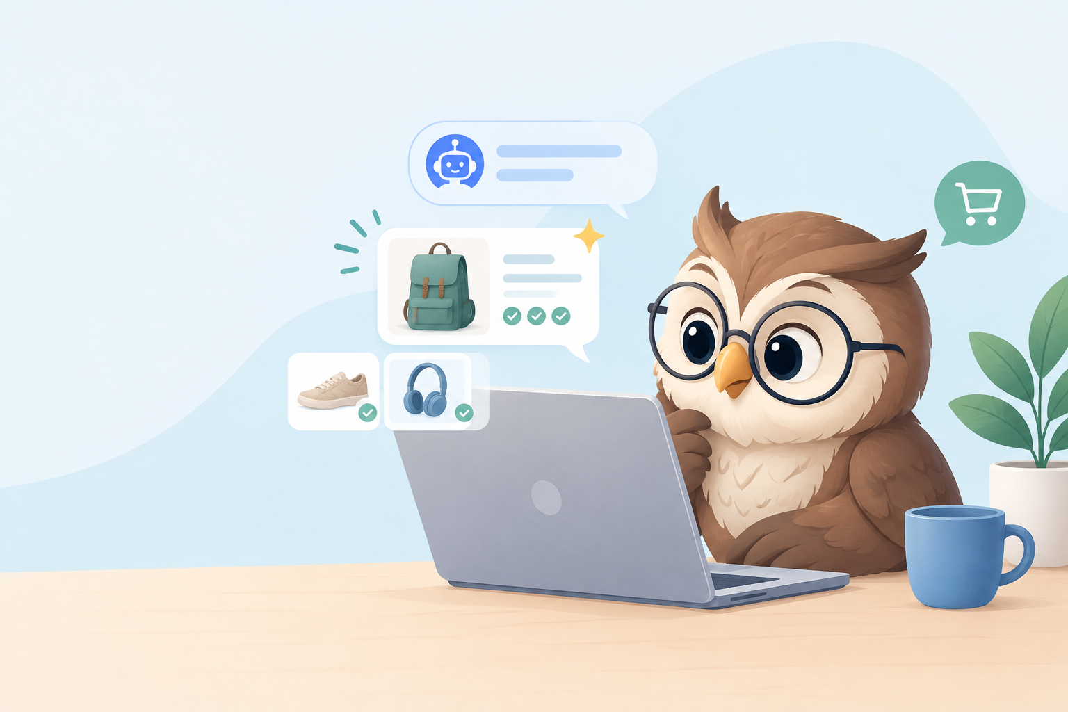 Illustration: Header illustration of a friendly owl examining a product page on a laptop, with AI shopping assistant chat bubbles recommending products, clean editorial style for Optimizing Product Pages So AI Assistants Recommend Them