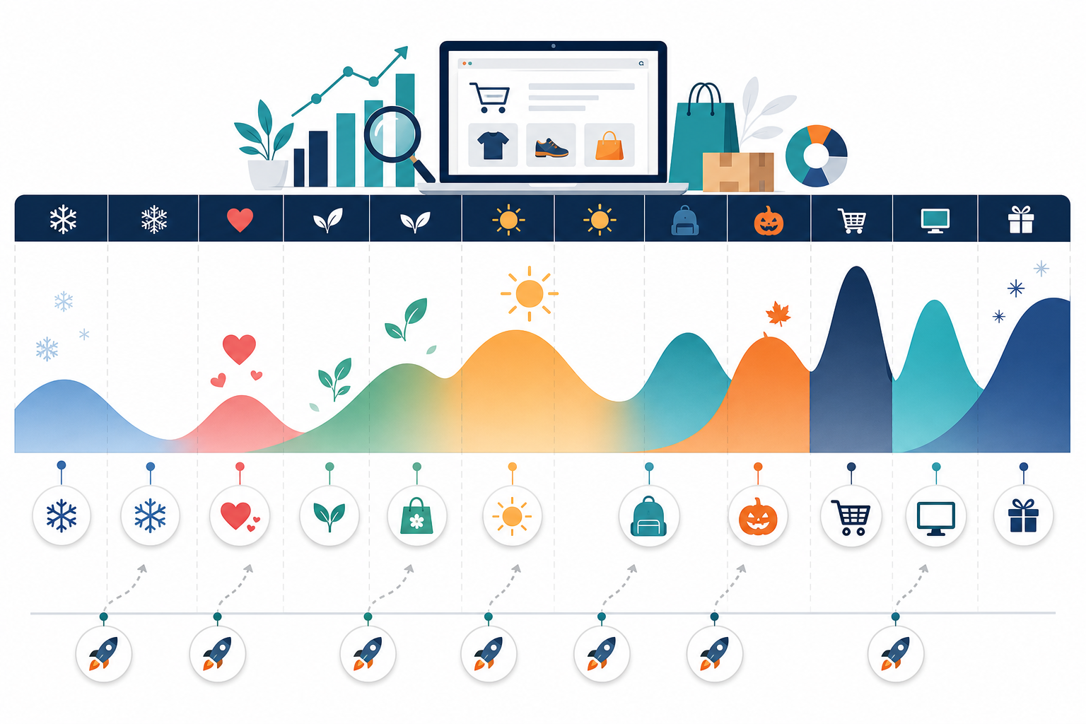 Illustration: A content calendar graphic showing seasonal peaks mapped against months of the year, with icons for holidays and product launches marked at key points for Organic Traffic Strategies for E-Commerce Content