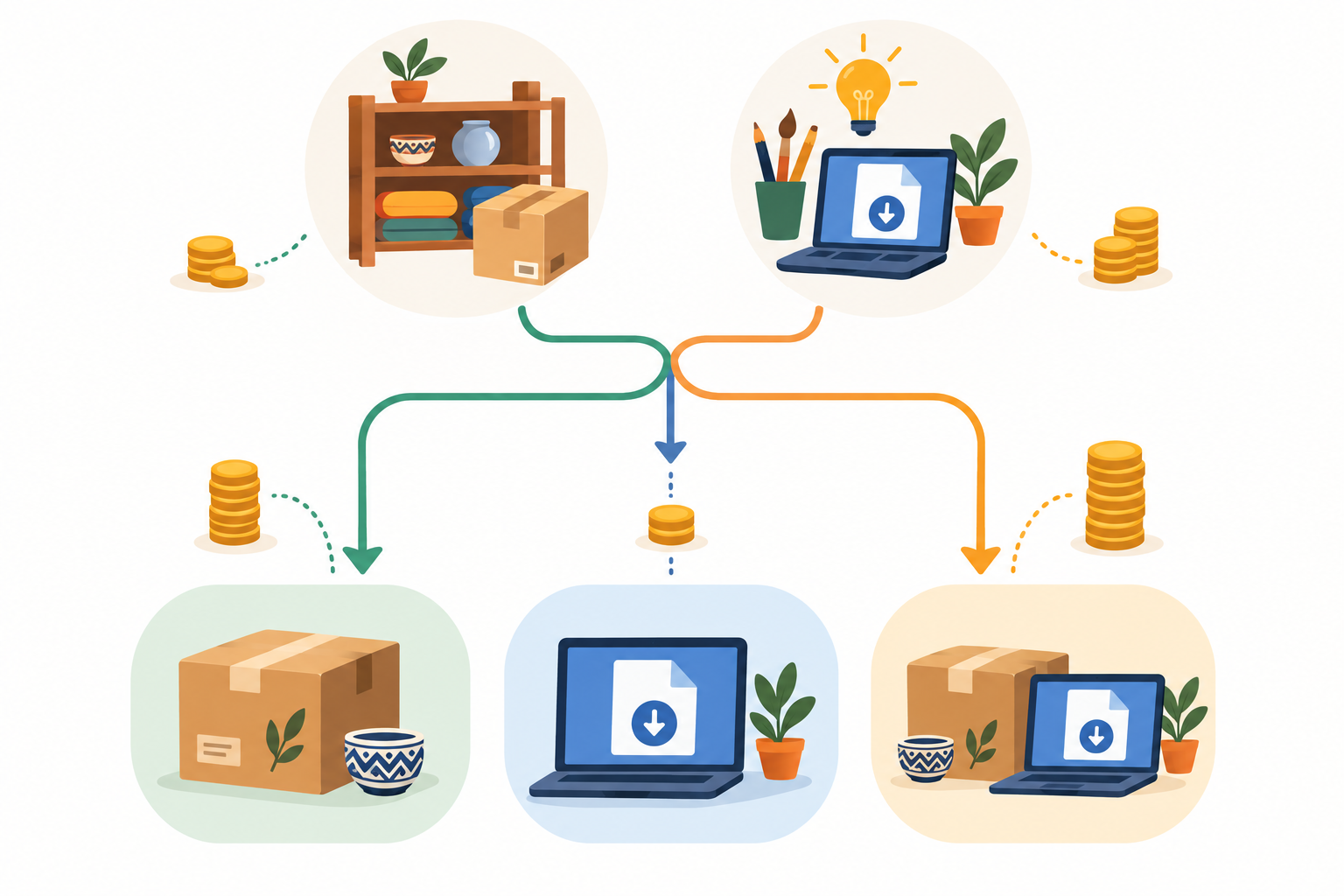 Infographic: Infographic decision flow: start with 'Do I have stock or a product already?' and 'Do I have a skill to package?' leading to recommended starting points of physical, digital or both, friendly icons and rand budget brackets for Physical Products or Digital Downloads: What to Sell First