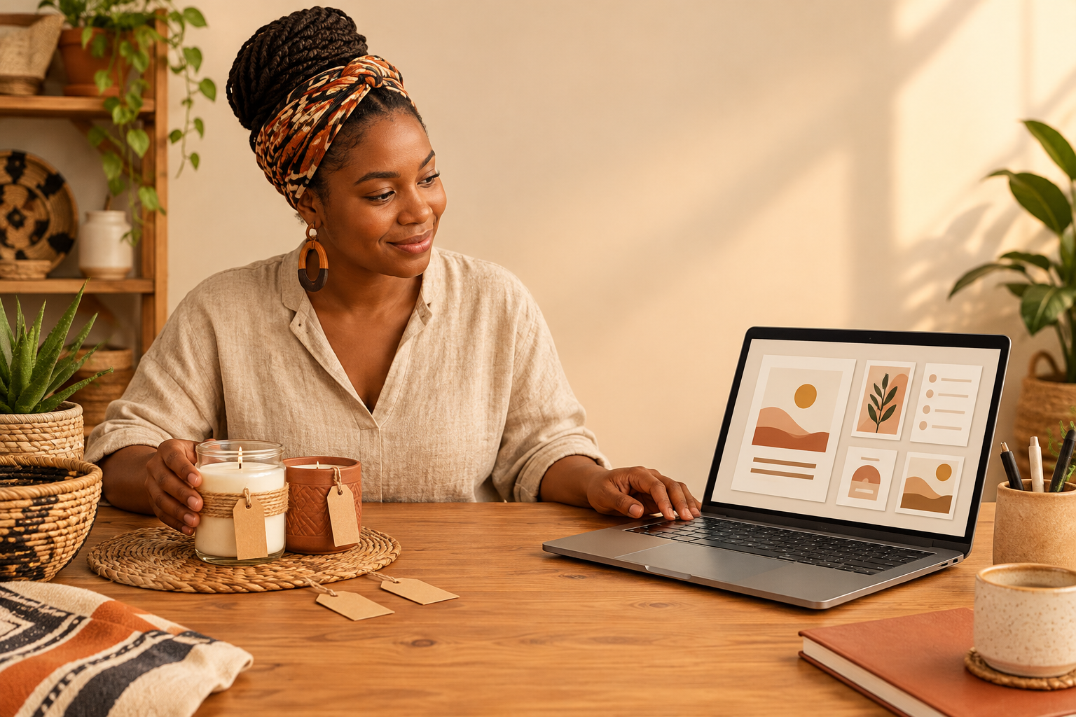 Illustration: Header image showing a South African seller with a candle and a laptop displaying a downloadable template, warm colours, rand price tags for Physical Products or Digital Downloads: What to Sell First
