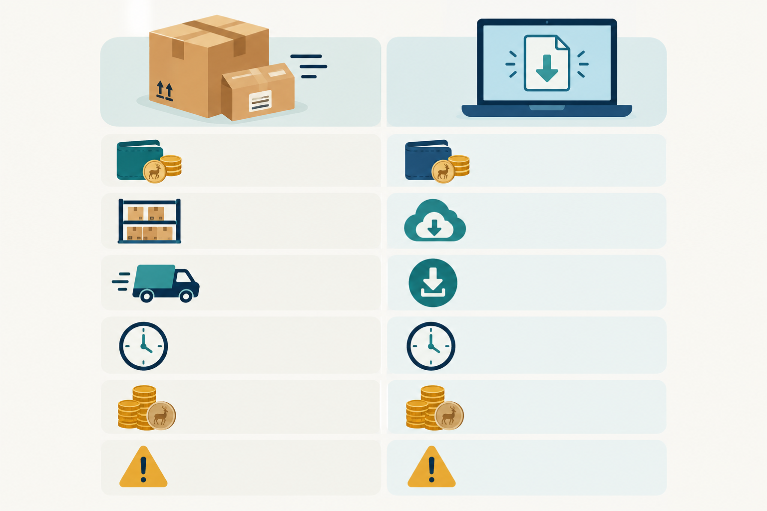 Comparison: Side-by-side comparison table graphic titled Physical Products vs Digital Downloads with rows for upfront cost, stock and storage, delivery, time per order, margin per sale, main risk; use rand symbols, clean colours and simple icons for Physical Products or Digital Downloads: What to Sell First