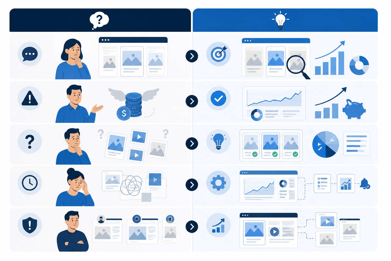 Comparison: A two-column comparison table graphic styled for a blog post, showing "Client Objection" on the left and "Agency Reframe" on the right, in a clean modern flat design with a blue and white color palette for Pitching Competitive Ad Intelligence as a Client Retainer