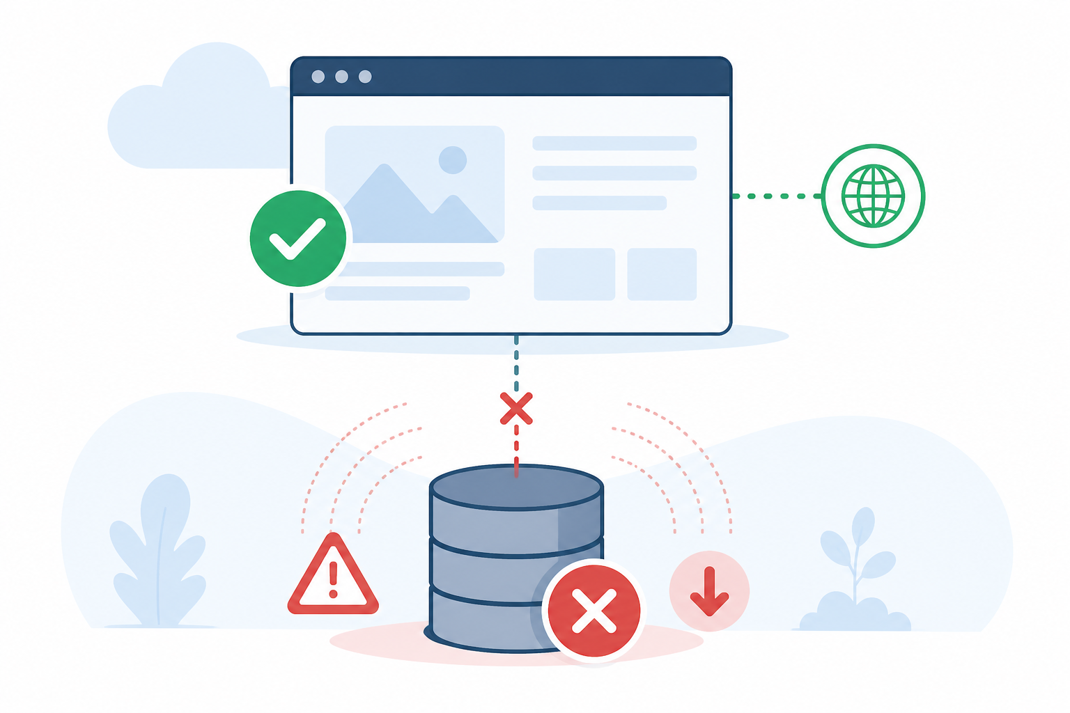 Diagram: Simple diagram showing a web app returning a healthy 200 HTTP status while a database icon behind it shows a red error/down state, illustrating the monitoring blind spot, flat minimal infographic style for Port and Ping Monitoring: When and Why You Need Them