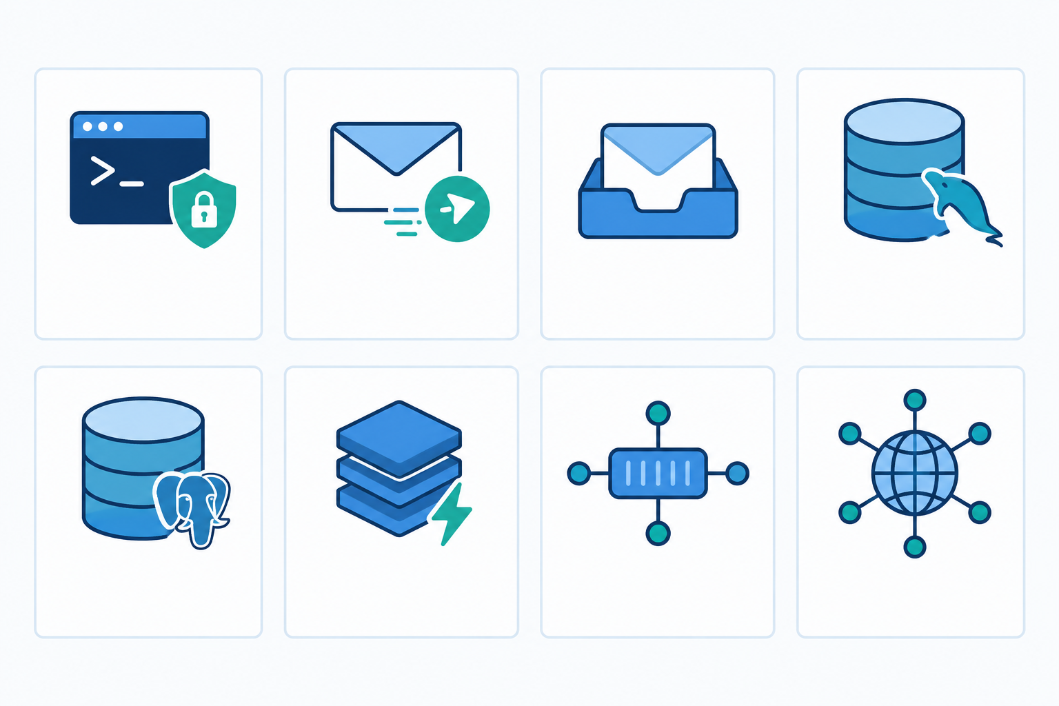 Infographic: Infographic listing common ports and services: 22 SSH, 25/587 SMTP, 993 IMAP, 3306 MySQL, 5432 PostgreSQL, 6379 Redis, 5672 RabbitMQ, 53 DNS, with simple icons for each. Tidy grid layout. for Port and Ping Monitoring: When HTTP Checks Aren't Enough